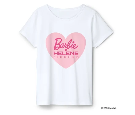 T-shirt blanc avec un imprimé cœur rose portant la mention « Barbie HELENE FISCHER ».