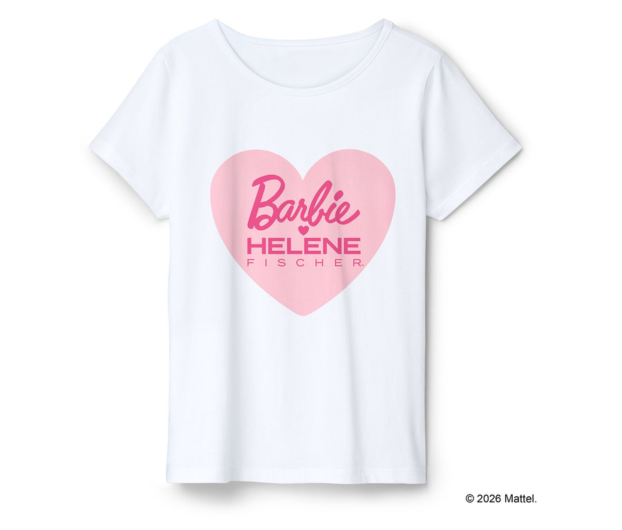 T-shirt blanc avec un imprimé cœur rose portant la mention « Barbie HELENE FISCHER ».