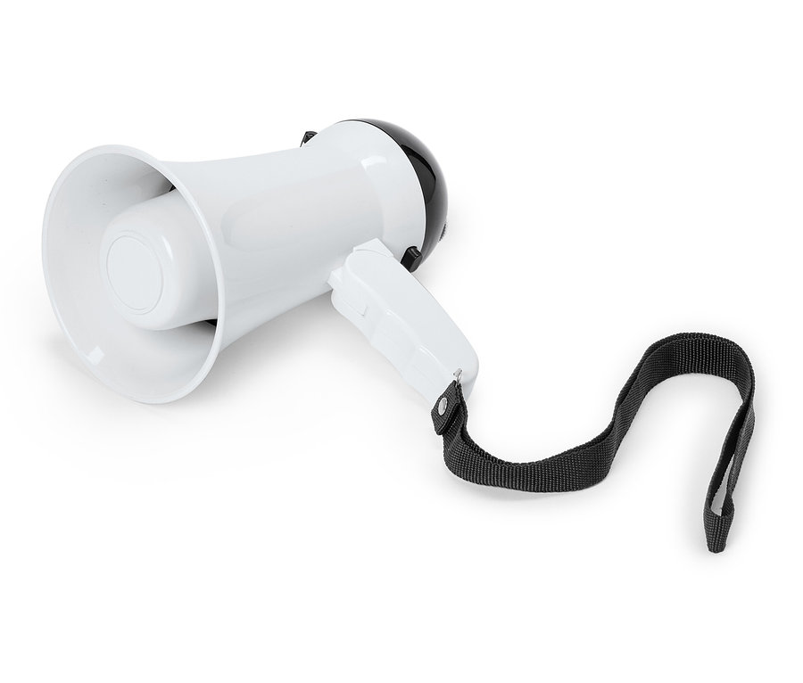 Un mégaphone blanc posé sur une surface blanche.