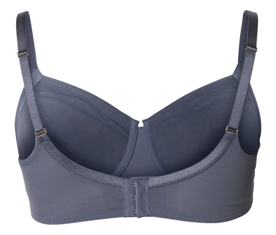 Vue arrière d'un soutien-gorge gris avec bretelles réglables et fermeture à agrafes.