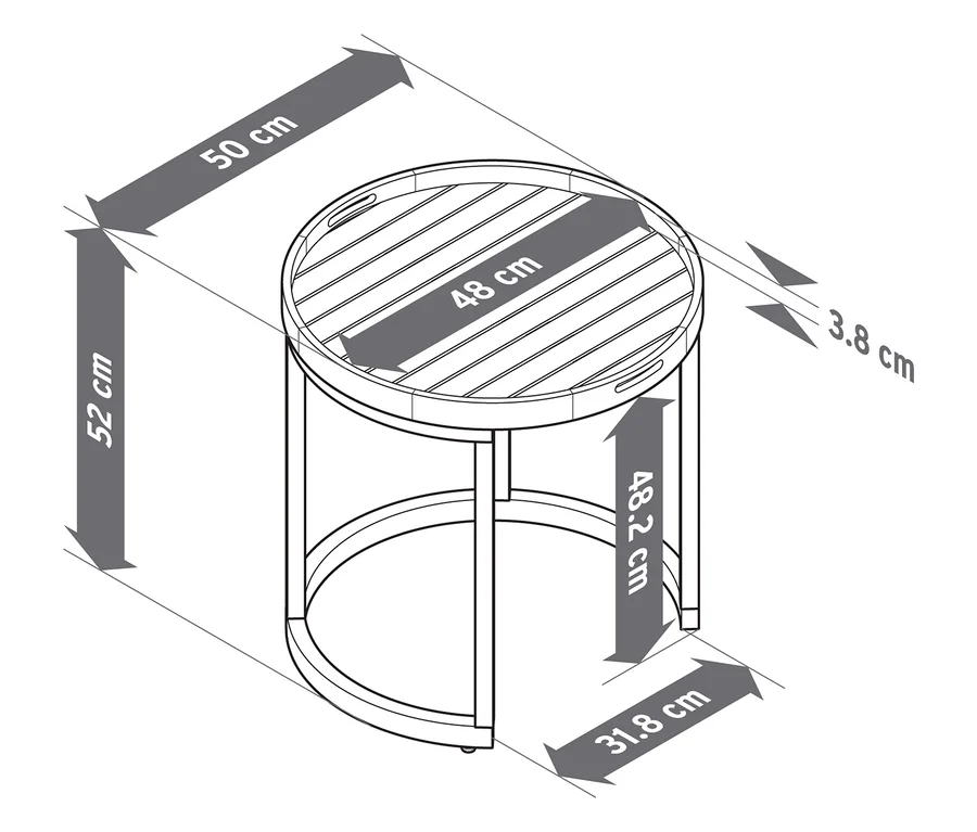 Illustration de 2 tables d'appoint de jardin avec plateaux amovibles, Ø env. 40 cm et 50 cm, avec indications de dimensions.