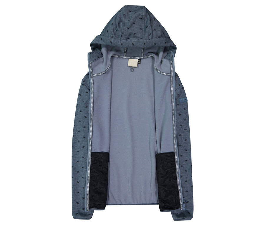 Veste à capuche bleue ouverte avec des accents sombres et des poches.