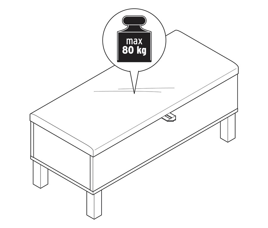 Illustration d'un banc de rangement pour enfants « Leira » avec couvercle rembourré, avec une indication de poids maximum de 80 kg.