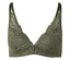 Soutien-gorge vert en dentelle avec de fines bretelles sur fond blanc.