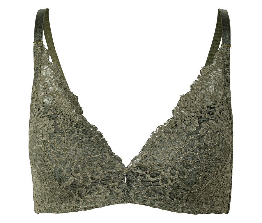 Soutien-gorge vert en dentelle avec de fines bretelles sur fond blanc.