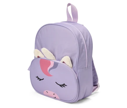 Sac à dos enfant violet avec un visage de licorne sur la poche avant et des oreilles moelleuses qui dépassent du haut.
