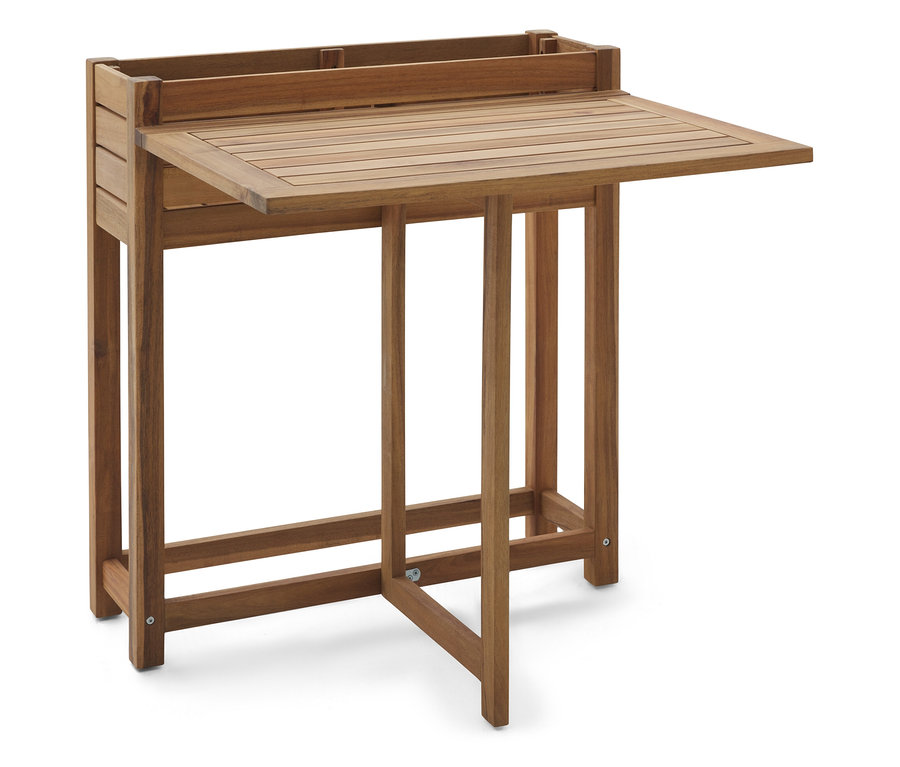 Une table en bois marron avec un plateau rabattable se dresse sur un fond blanc.