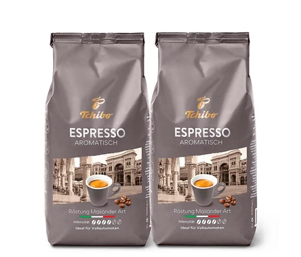 Deux paquets d'expresso aromatique en grains – 2x 1 kg côte à côte.