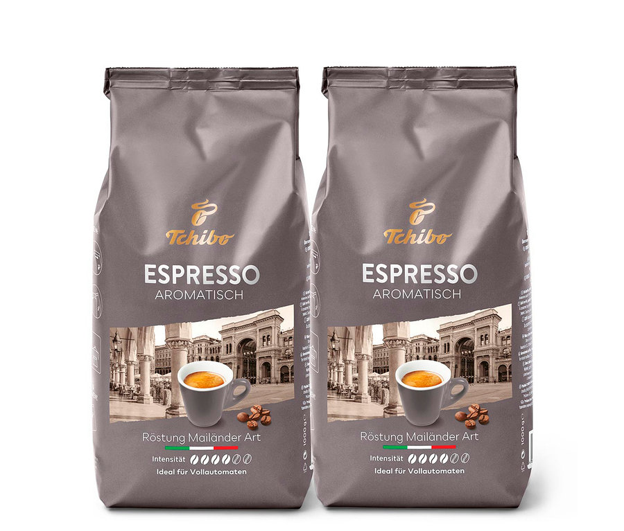 Deux paquets d'expresso aromatique en grains – 2x 1 kg côte à côte.