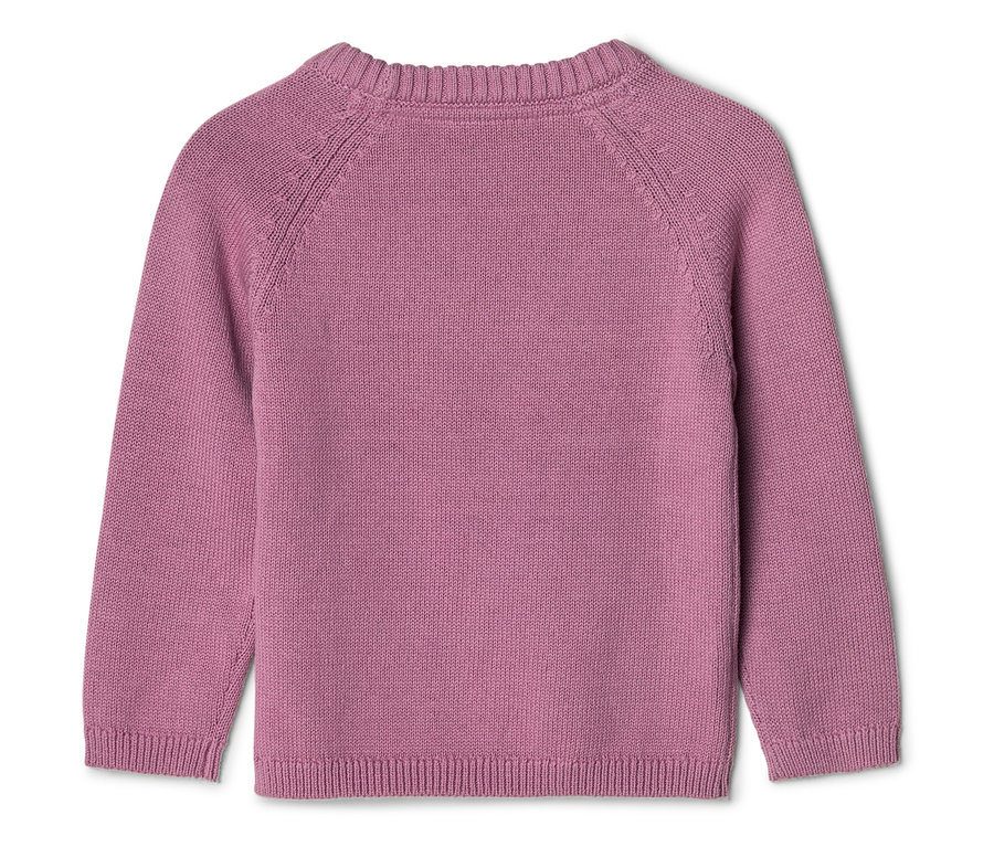 Vue de dos d'un pull en tricot rose pâle uni avec des manches raglan, un col, des poignets et un ourlet côtelés.