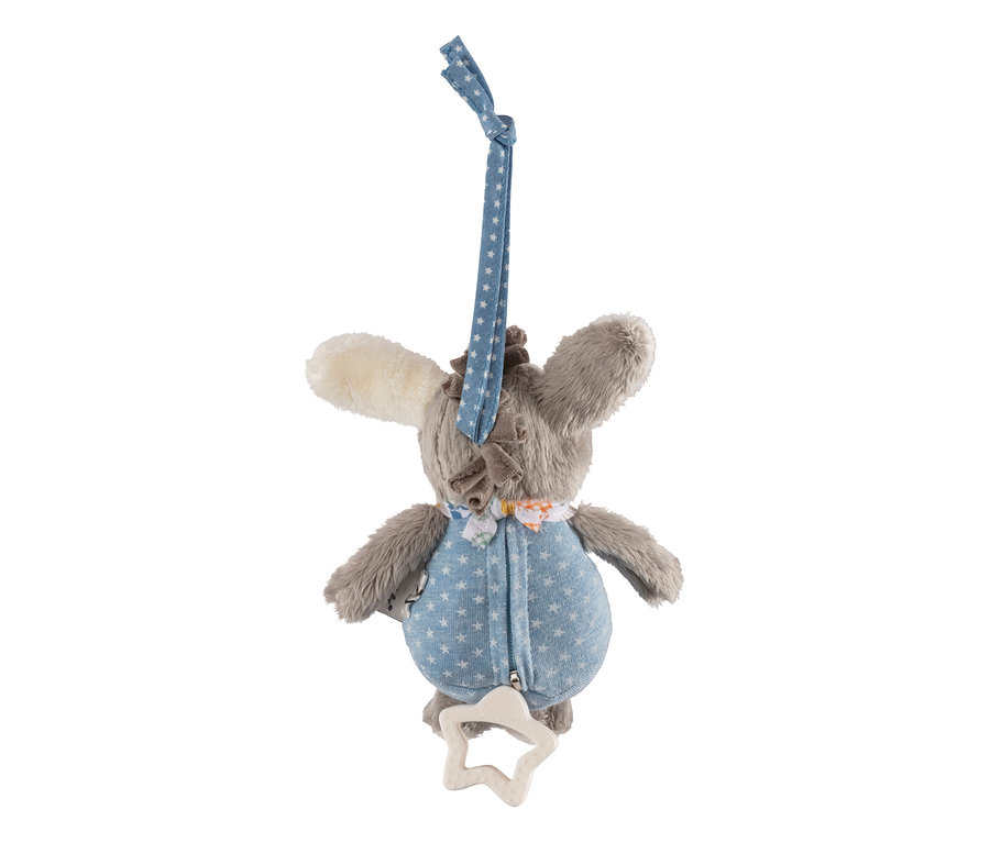 Jouet en peluche animal gris, vu de dos, portant une tenue bleue à motifs d'étoiles. Il est suspendu à une sangle bleue assortie à motifs d'étoiles et possède un cordon de traction blanc en forme d'étoile en bas.