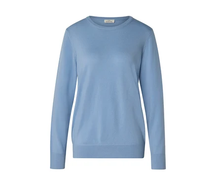 Pull bleu clair à manches longues avec col rond, poignets et ourlet côtelés.