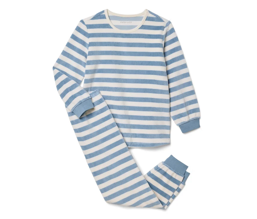 Pyjama deux pièces à rayures bleu clair et blanc cassé, avec un haut à manches longues et un pantalon long, des poignets côtelés et une étiquette "HAPPY KIDS".