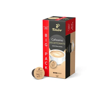 Un paquet de Cafissimo Decaffeinato - décaféiné - 30 capsules de Tchibo est debout. Une capsule est à côté.