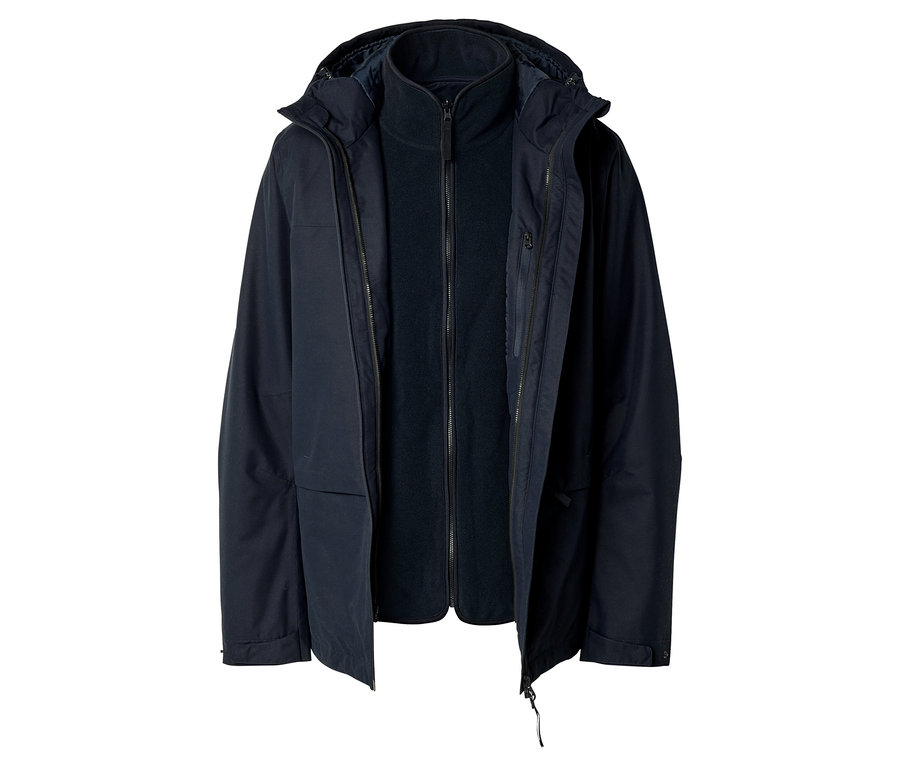 Une veste 3 en 1 bleu foncé, avec la coque extérieure partiellement ouverte pour révéler une veste intérieure en polaire bleu foncé. La veste a une capuche et est présentée sur un fond blanc.