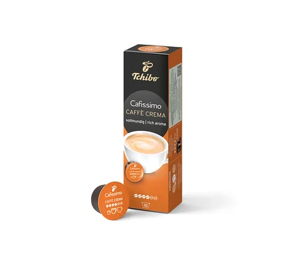 Un paquet de Cafissimo Caffè Crema vollmundig et une capsule sont visibles.