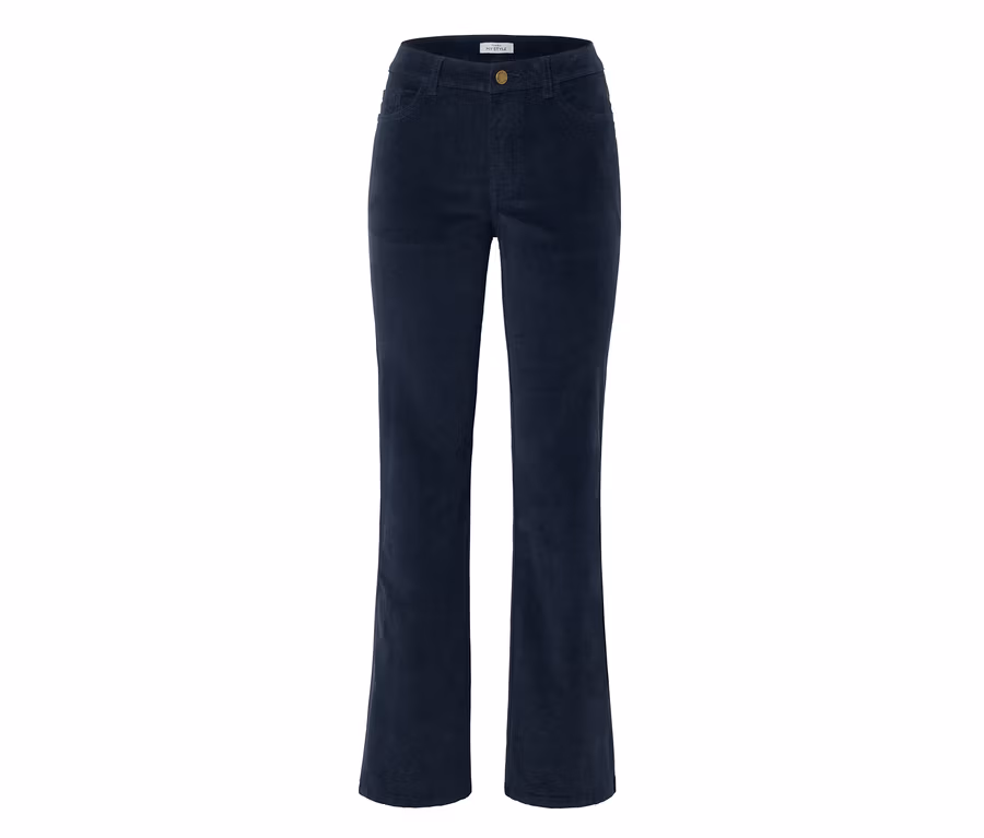 Pantalon bootcut en velours côtelé bleu foncé.