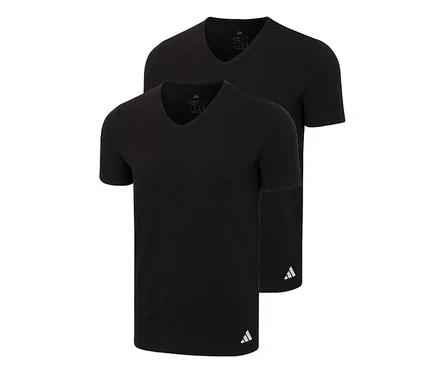 Deux t-shirts noirs adidas Active Flex à col en V, l'un légèrement devant l'autre, avec le logo adidas en bas à droite.