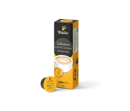 Une boîte de Cafissimo Caffè Crema mild et une capsule devant. Le paquet contient 10 capsules.