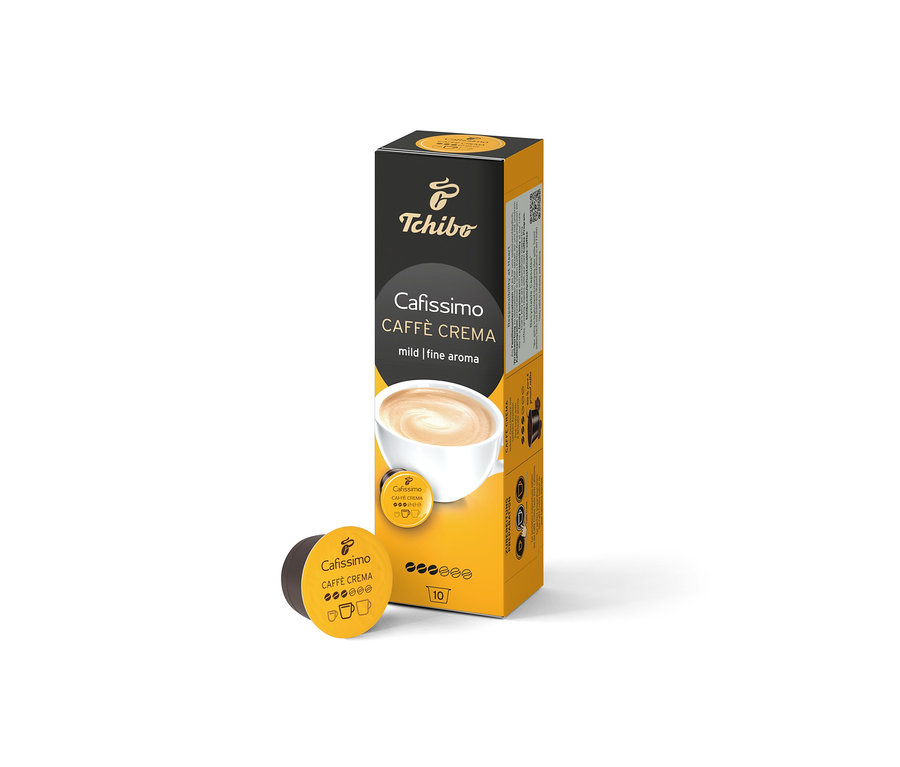 Une boîte de Cafissimo Caffè Crema mild et une capsule devant. Le paquet contient 10 capsules.
