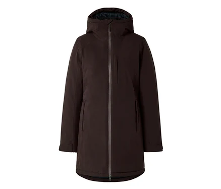 Manteau marron foncé à capuche avec fermeture éclair intégrale sur fond blanc.