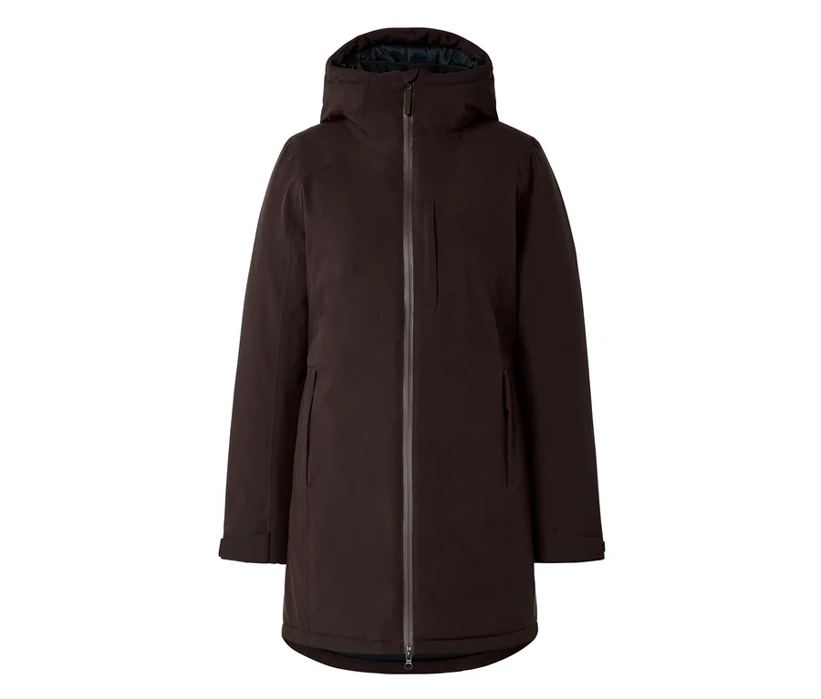 Manteau marron foncé à capuche avec fermeture éclair intégrale sur fond blanc.