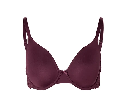 Soutien-gorge aubergine à armatures avec bretelles réglables et finitions en dentelle sur les côtés.