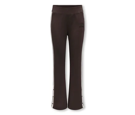 Pantalon de jogging évasé marron foncé avec des bandes latérales blanches et des boutons-pression le long du bas des jambes.