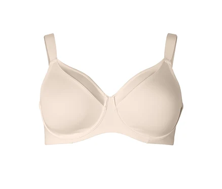 Un soutien-gorge beige clair avec des bonnets moulés lisses et des bretelles réglables.
