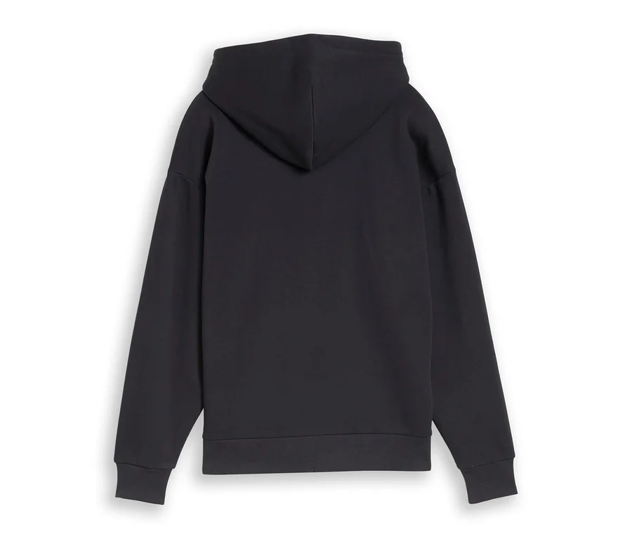 Sweat à capuche noir vu de dos, avec une capuche, des manches longues et des poignets et ourlet côtelés.