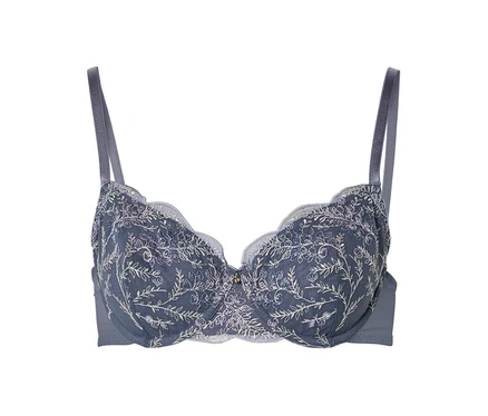 Soutien-gorge gris avec broderies florales.