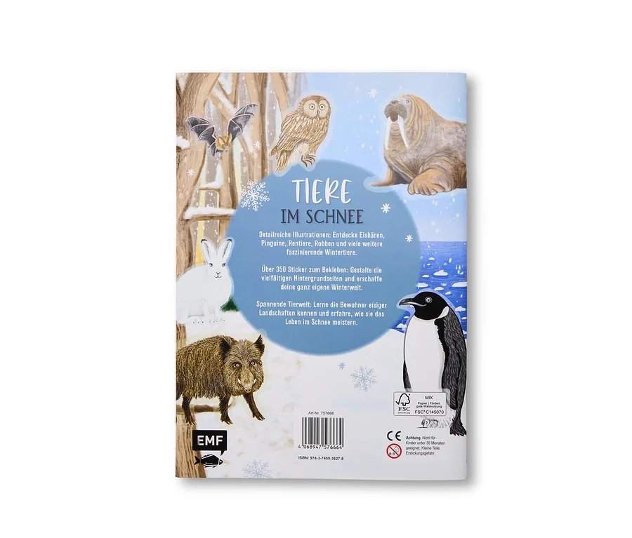 La couverture arrière du livre pour enfants "Animaux dans la neige" présente des illustrations d'une chauve-souris, d'un hibou, d'un morse, d'un lapin blanc, d'un sanglier et d'un pingouin dans un paysage enneigé. Le texte promeut des illustrations détaillées, plus de 350 autocollants et le monde animal de la neige.