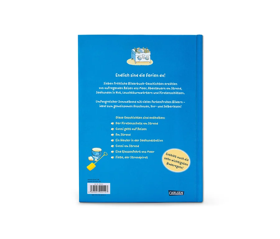 Quatrième de couverture bleue du livre « Les plus belles histoires de vacances » (en allemand).