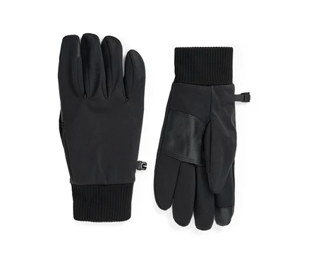 Une paire de gants en softshell noirs, l'un paume vers le haut et l'autre paume vers le bas, avec des poignets côtelés, des paumes texturées et de petits clips d'attache.