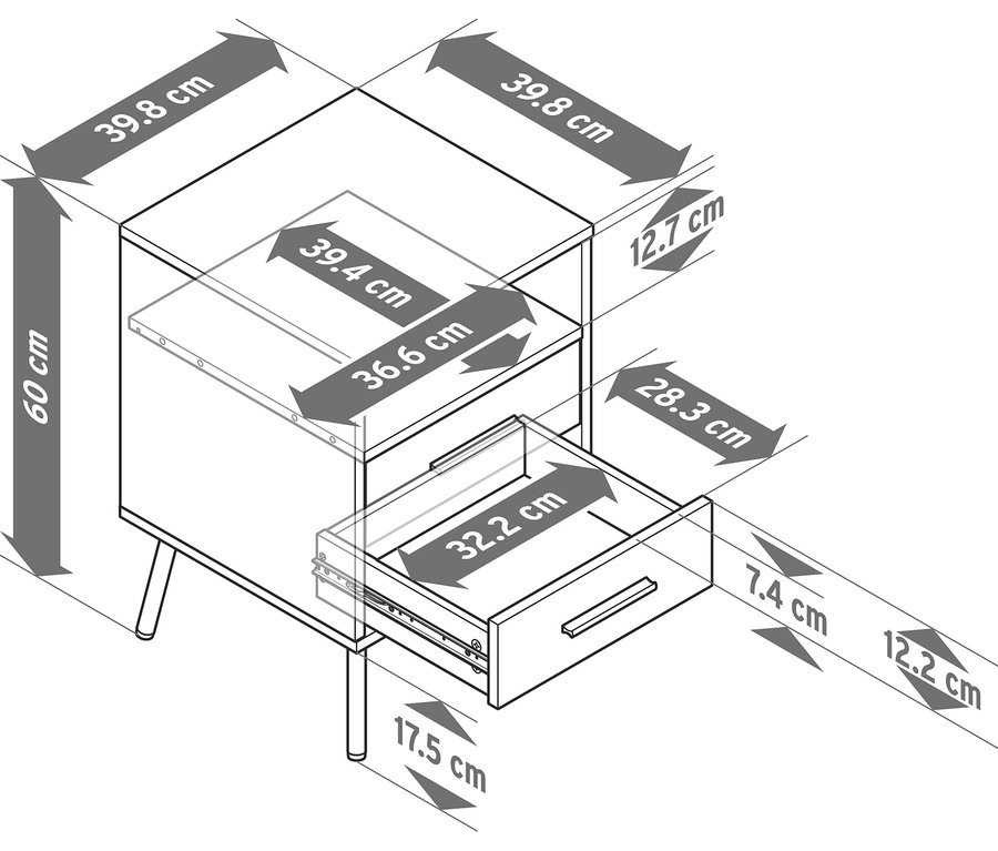 Un dessin technique montre une table d’appoint aspect bois avec 2 tiroirs, dont un est ouvert. La table mesure 60 cm de haut, 39,8 cm de large et de profondeur. Le tiroir ouvert mesure 32,2 cm de large.