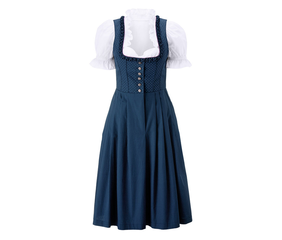 Dirndl bleu avec chemisier blanc.