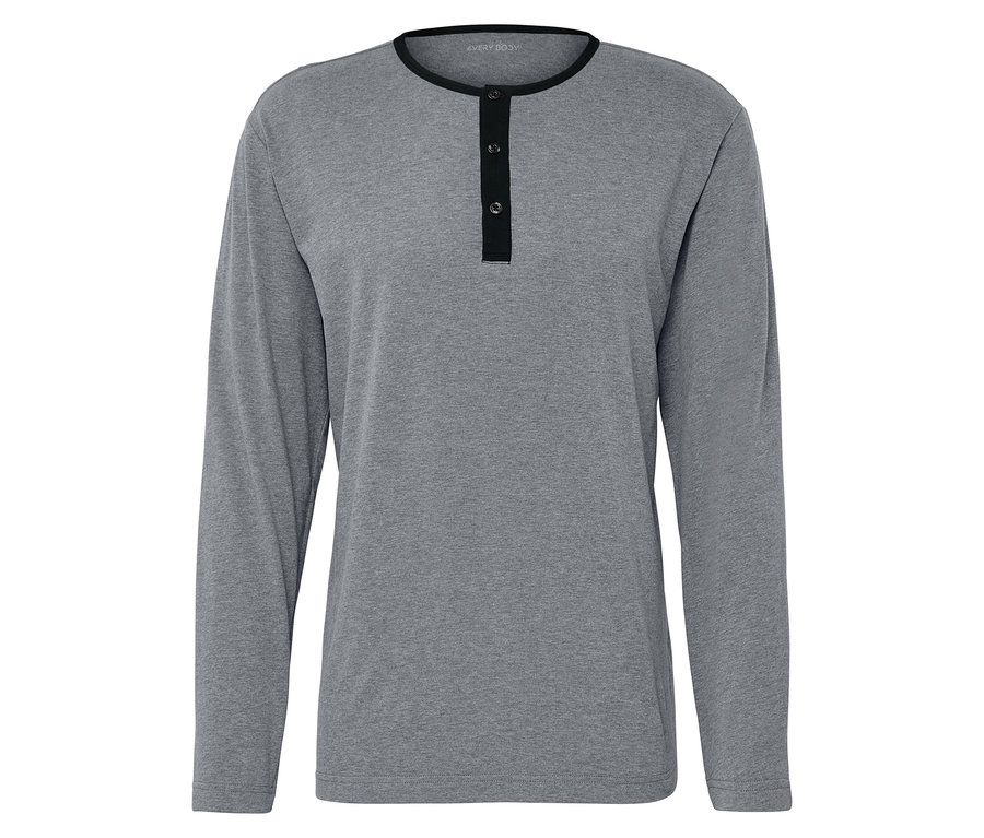 T-shirt gris à manches longues avec patte de boutonnage noire.