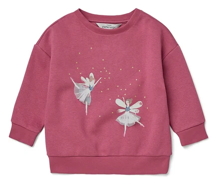 Sweat-shirt rose avec des images de deux ballerines et des étoiles dorées.