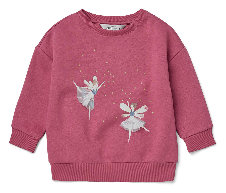Sweat-shirt rose avec des images de deux ballerines et des étoiles dorées.