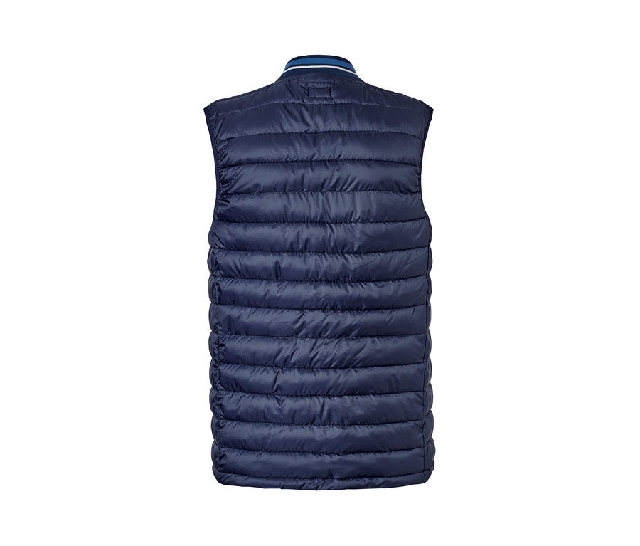Détail du dos d'un gilet surpiqué bleu.
