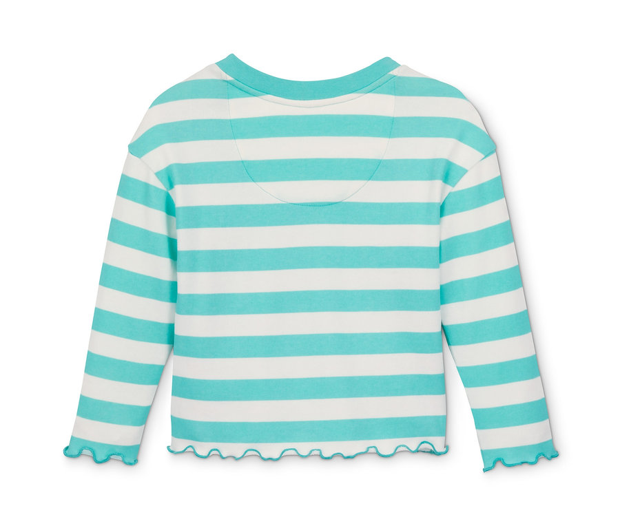 Sweat-shirt rayé turquoise et blanc à manches longues en coton bio.