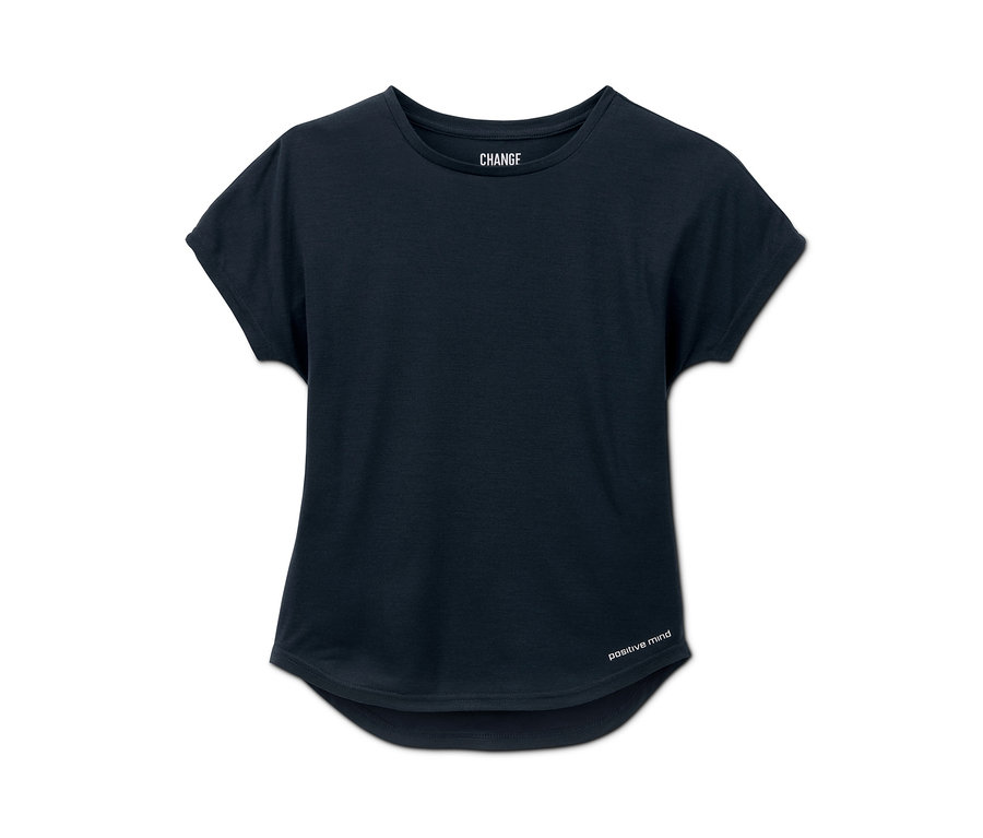Un t-shirt de sport marine à manches courtes pour filles, fabriqué à partir de matériaux recyclés.