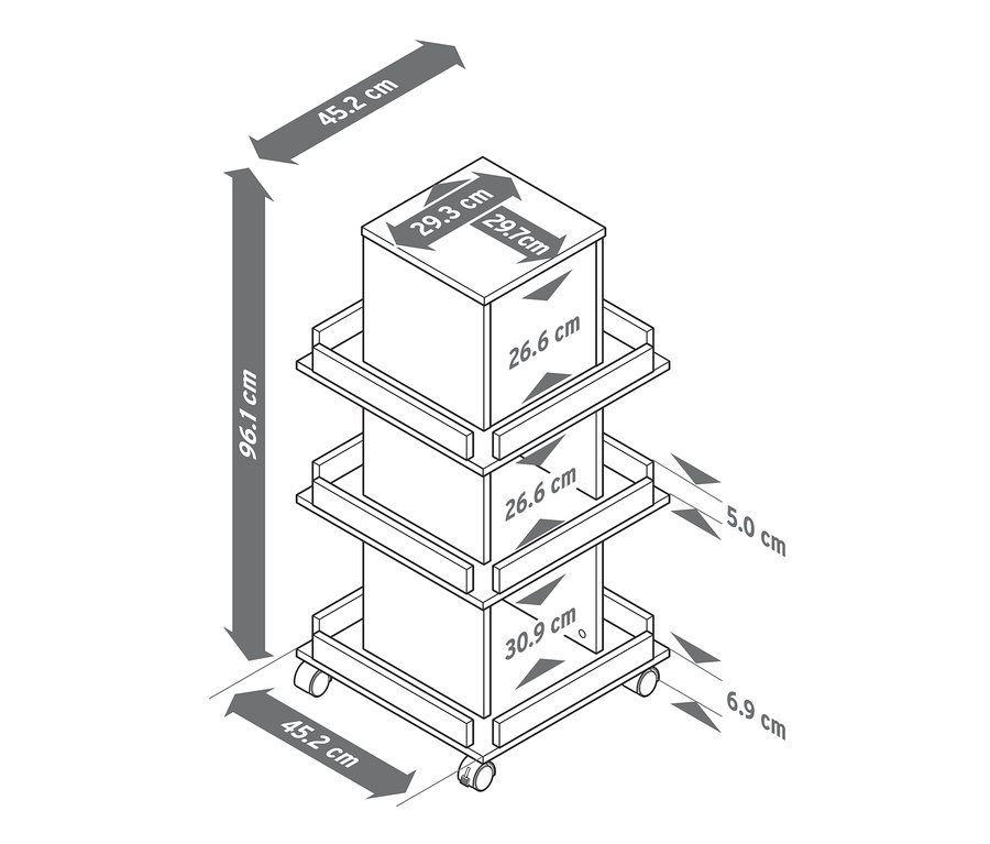 Schéma d'une tour à livres avec des détails aspect chêne et les dimensions indiquées.