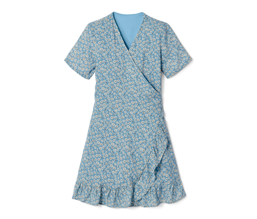 Robe portefeuille bleue à imprimé floral.