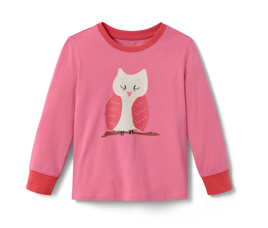 Pyjama rose-rouge avec un imprimé de hibou assis sur une branche.
