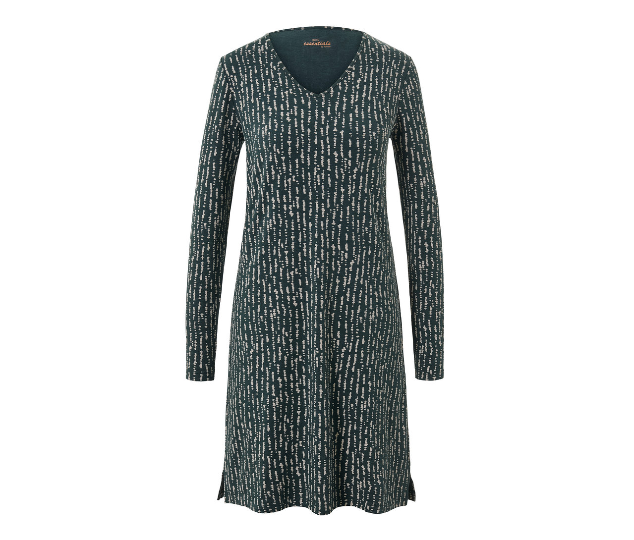 Chemise de nuit verte à motifs et manches longues.
