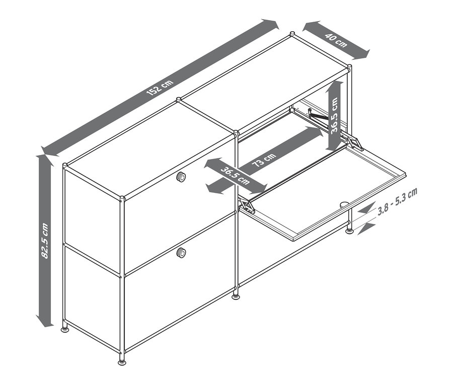 Schéma d'un buffet bas « CN3 » avec quatre abattants et indications de dimensions.