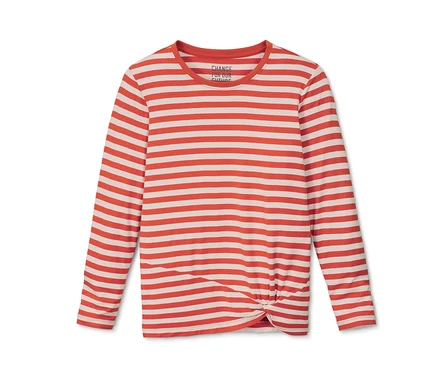 T-shirt à manches longues orange et blanc rayé avec un nœud décoratif.