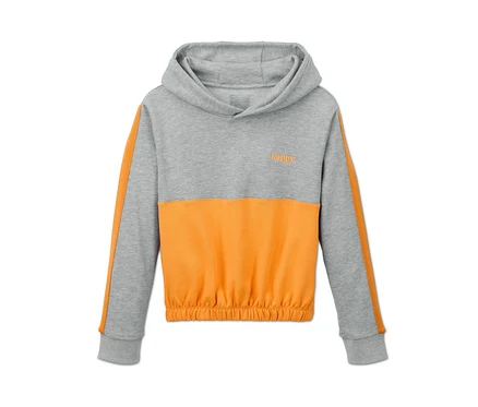 Sweat-shirt court à capuche gris-jaune chiné.