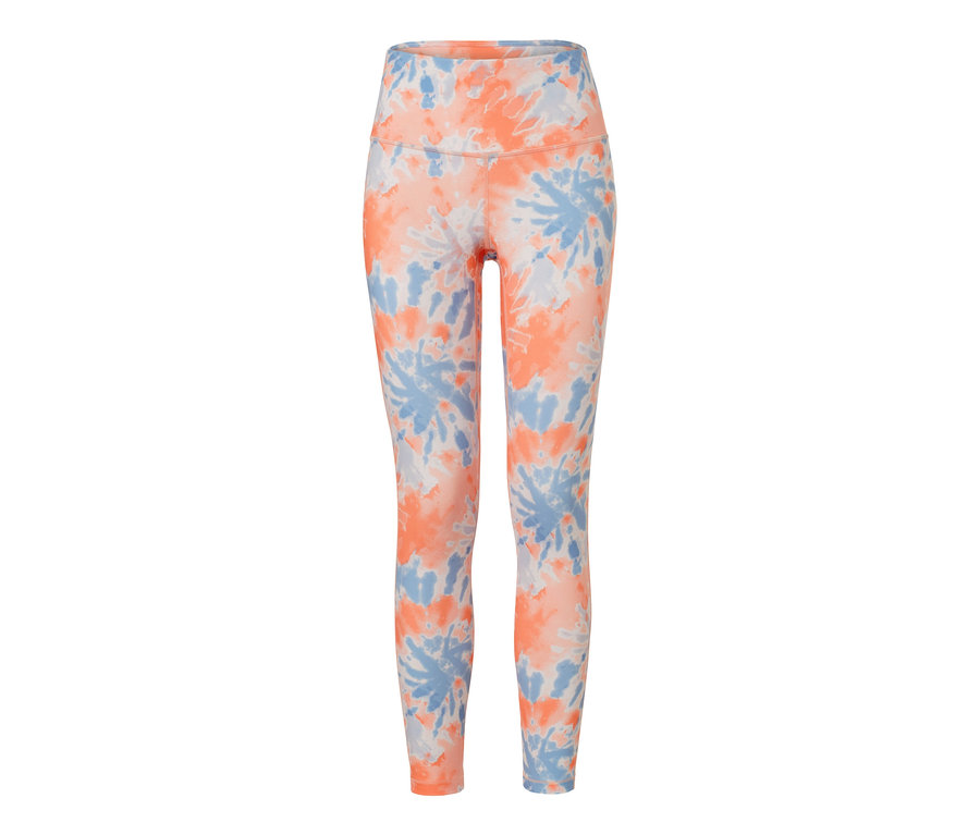Détail d'un legging de sport 7/8 orange et bleu avec un motif tie-dye pour femme.